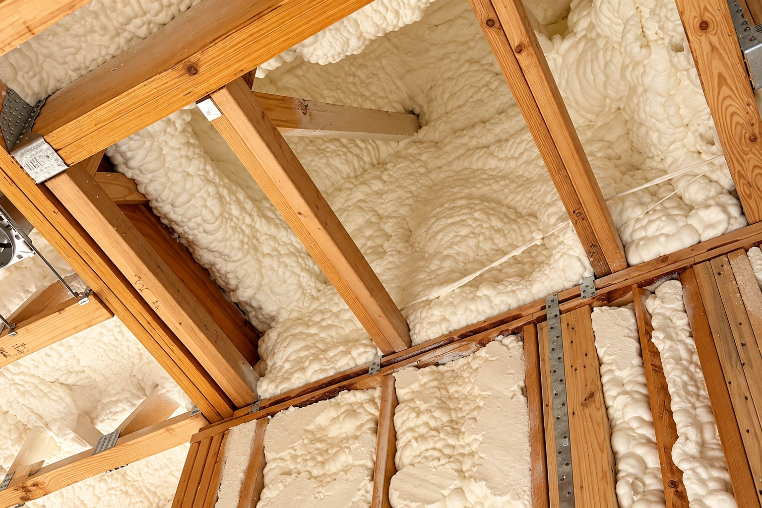 Exposed roof framing densely coated with white spray foam insulation.