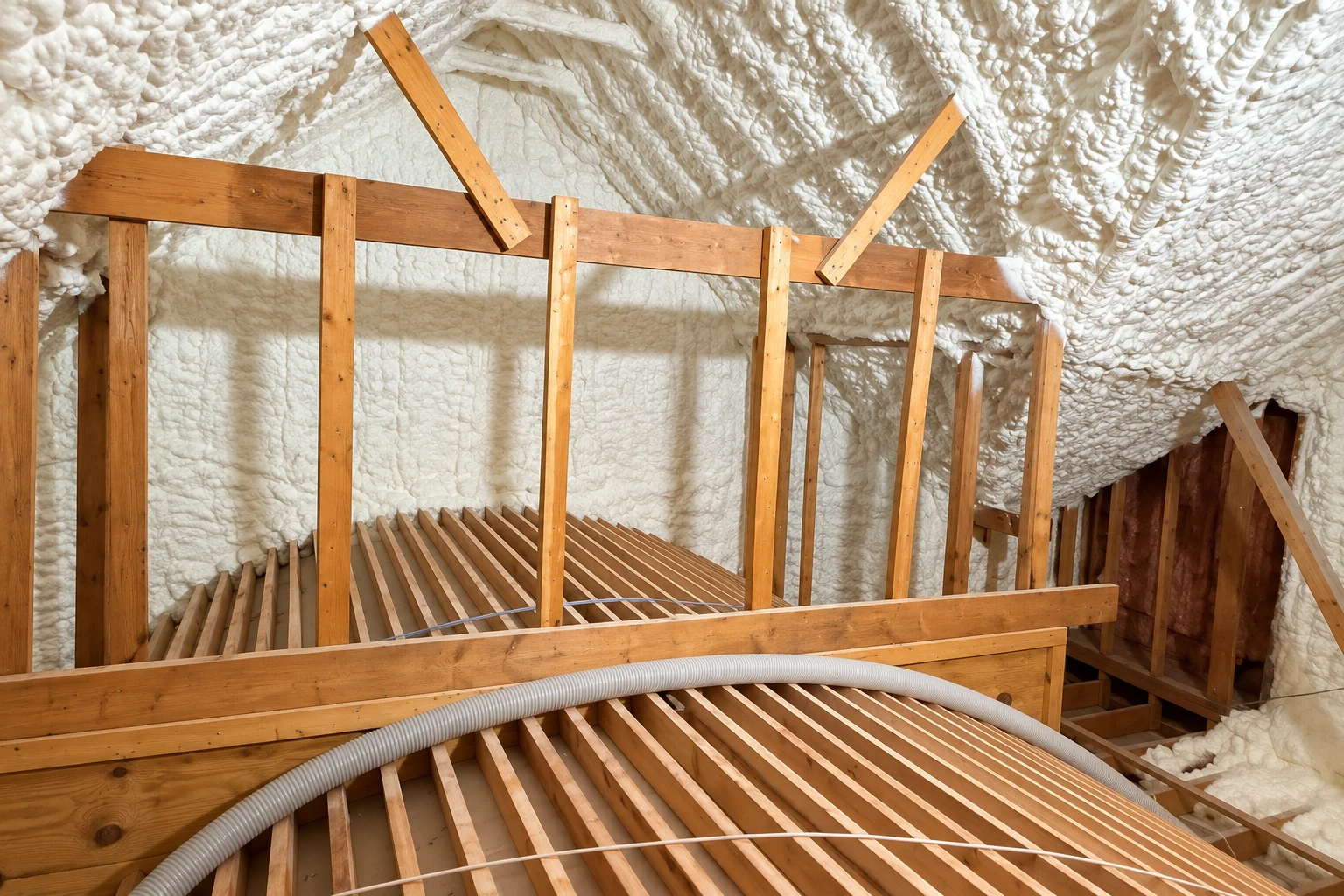Wooden attic framing surrounded by white spray foam coating the roof and walls, with flexible ducting across the foreground.