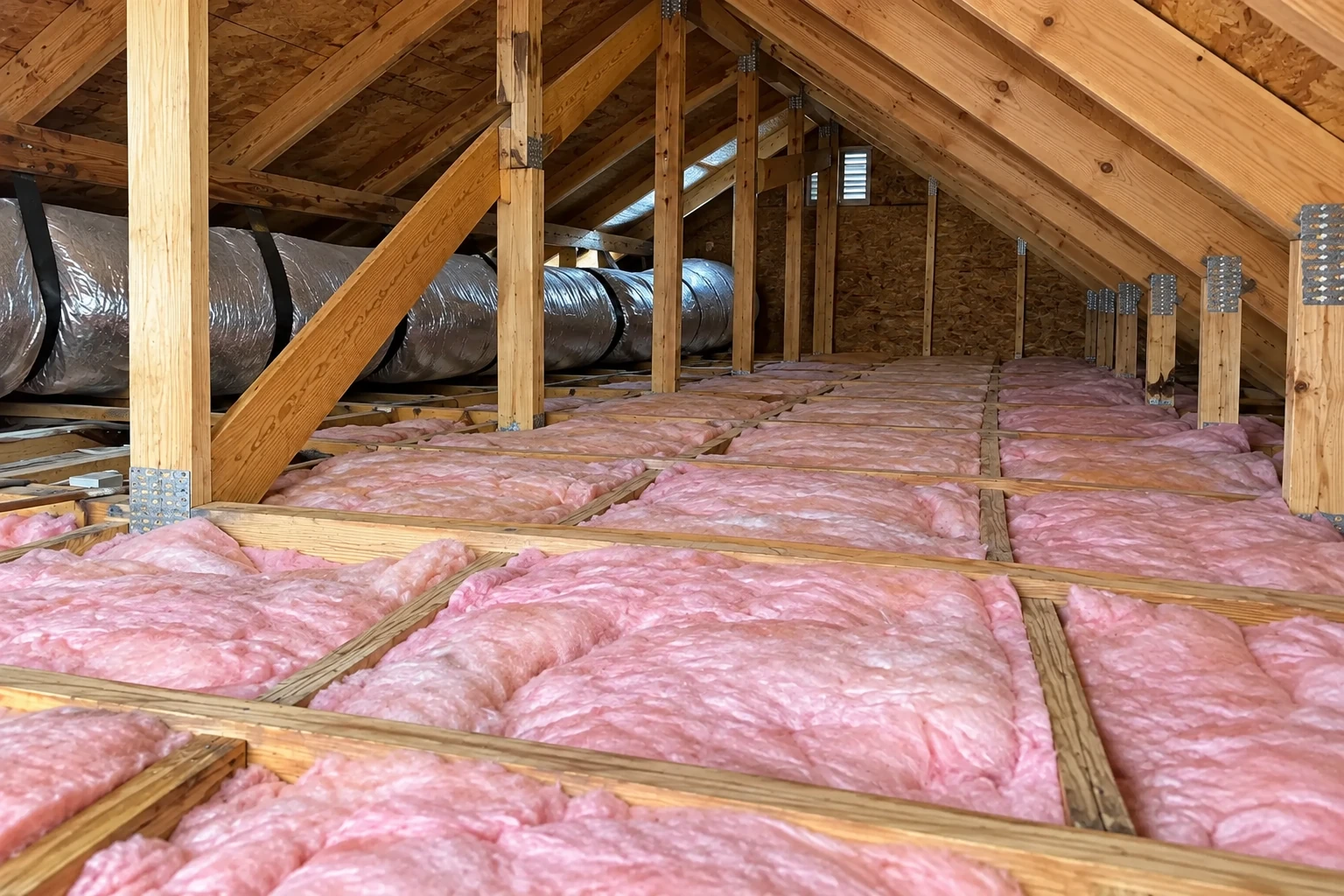 Pink fiberglass insulation fills attic floor joist bays beneath exposed rafters, with a large silver duct along one side.
