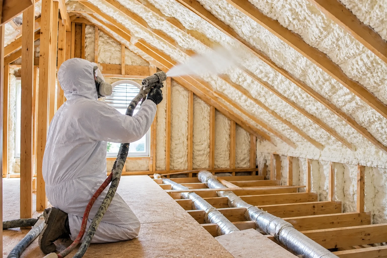 A worker in protective gear sprays insulation into the rafters of a wooden attic.