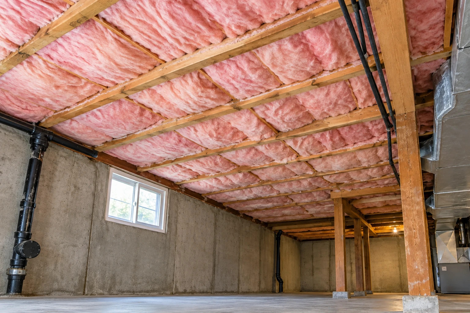 Basement with pink fiberglass batts fitted between the ceiling joists above concrete walls and floor.