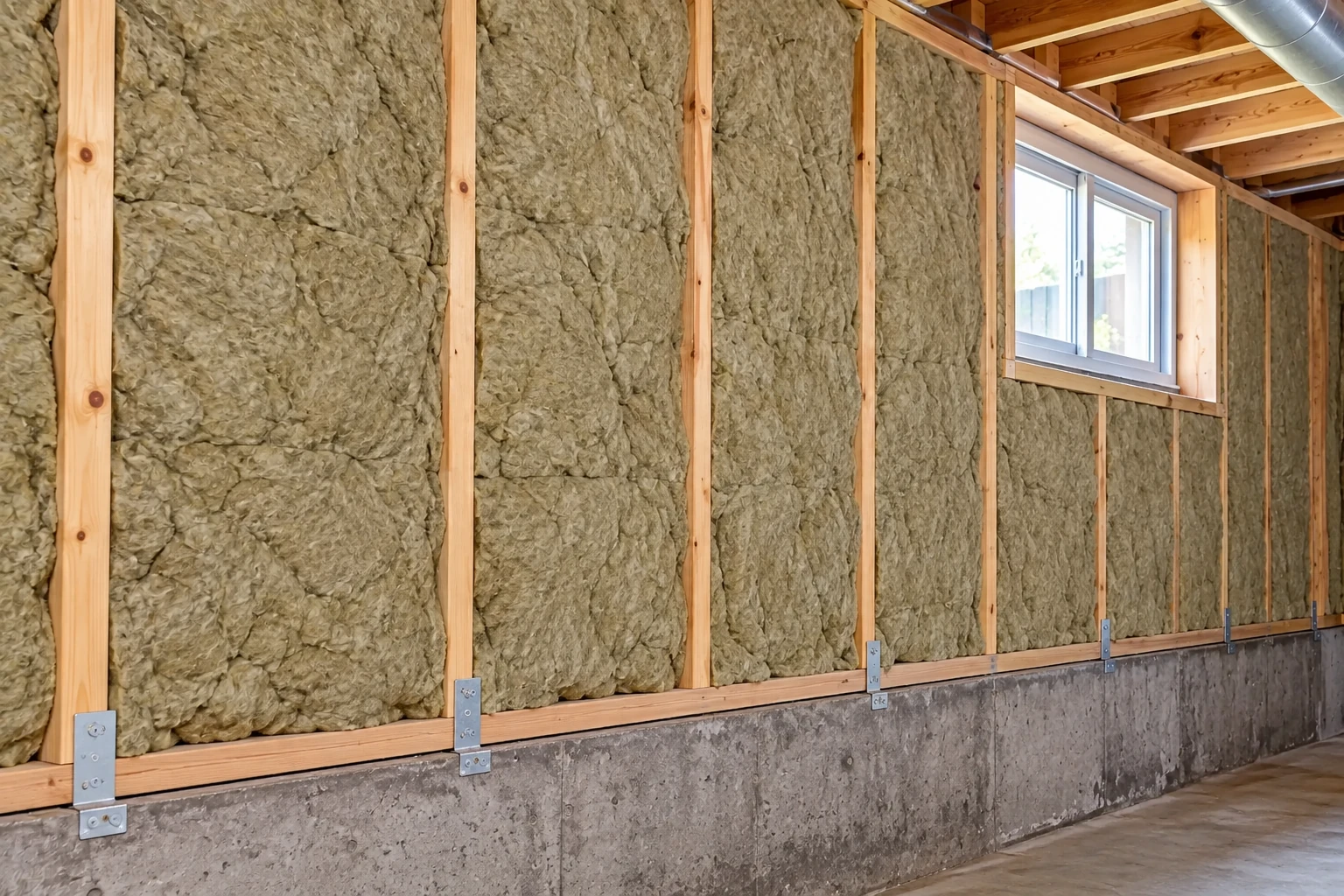 Gray batt insulation fills the wooden wall framing above a concrete basement foundation.