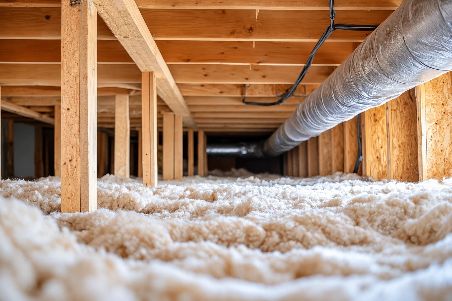 Loose-fill insulation covers an attic floor beneath wooden joists and a large silver duct.