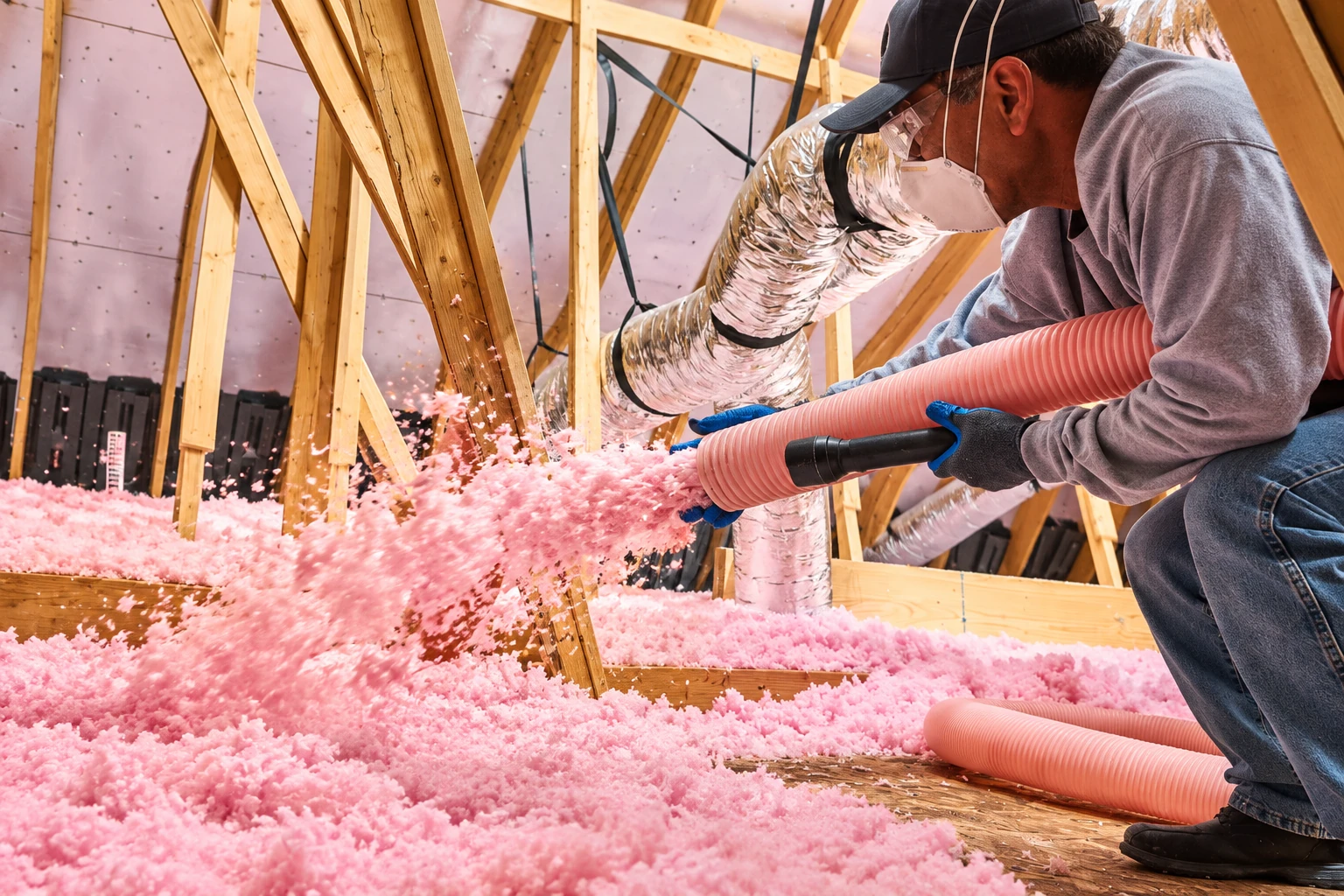 Worker wearing protective gear sprays pink blown-in insulation through a hose across an attic floor.