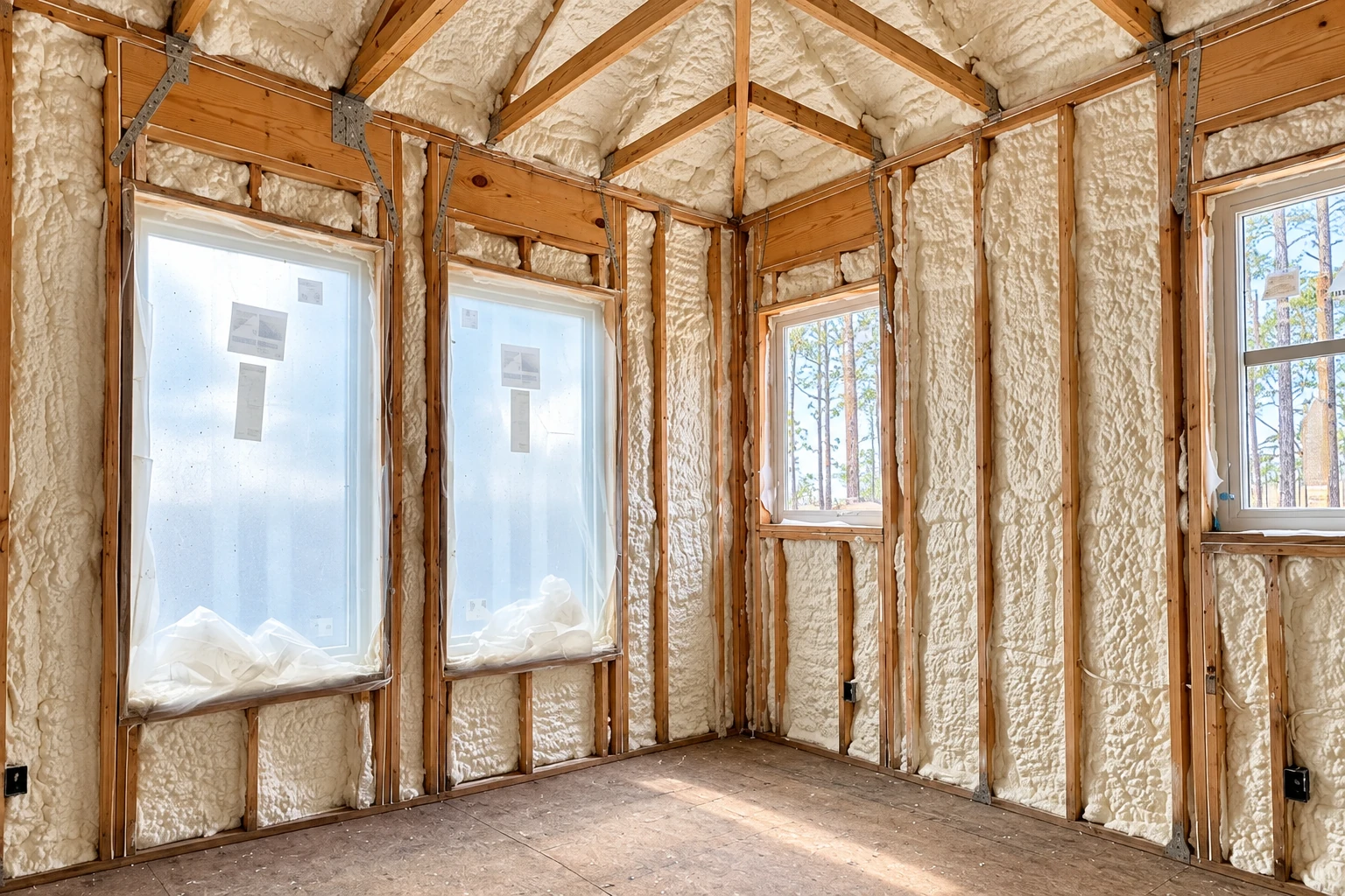 White spray foam fills the wall and ceiling cavities of an unfinished room with exposed wooden framing and windows.
