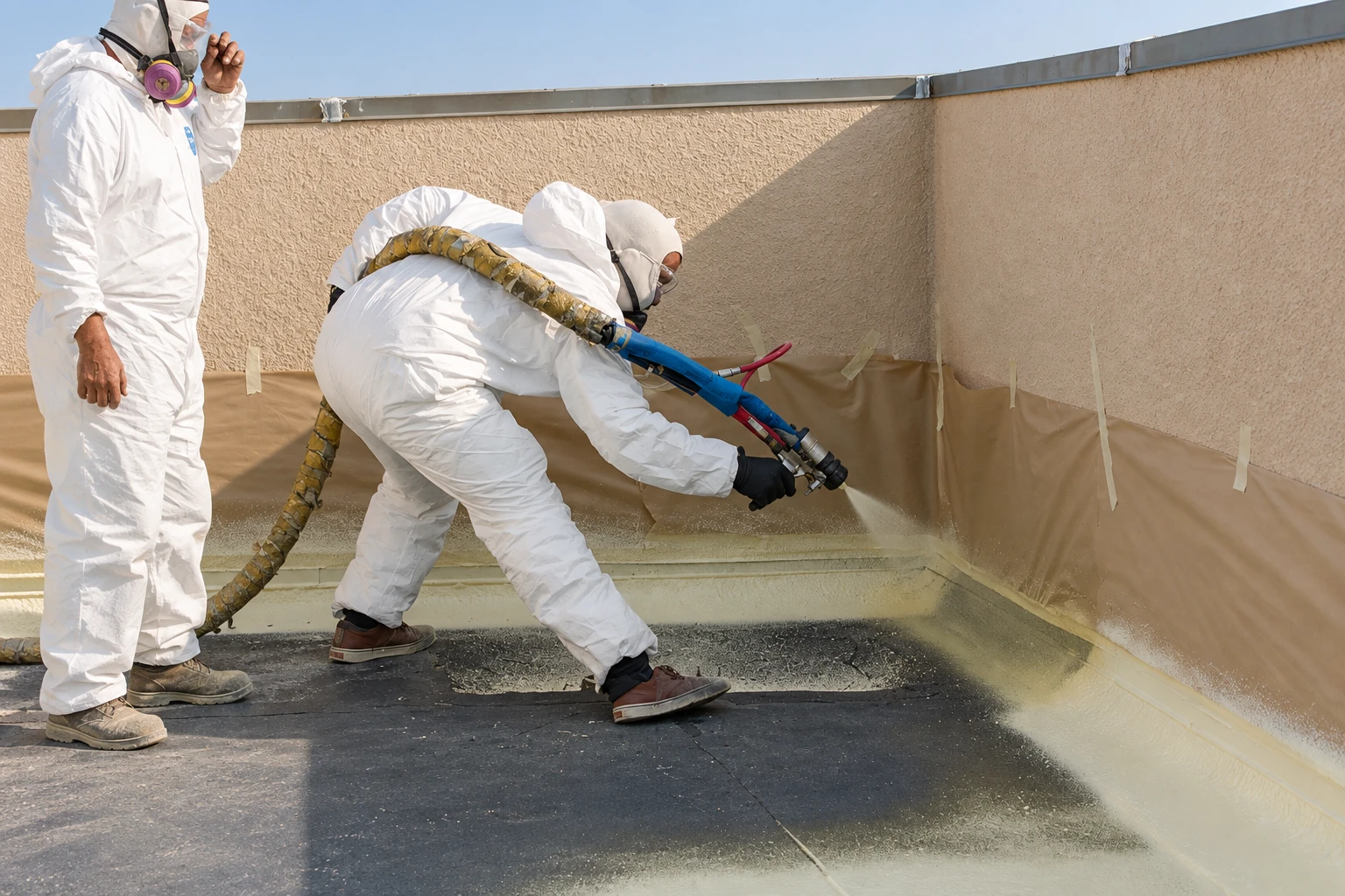 Workers in protective suits spray foam along the floor and lower walls of a flat commercial roof.