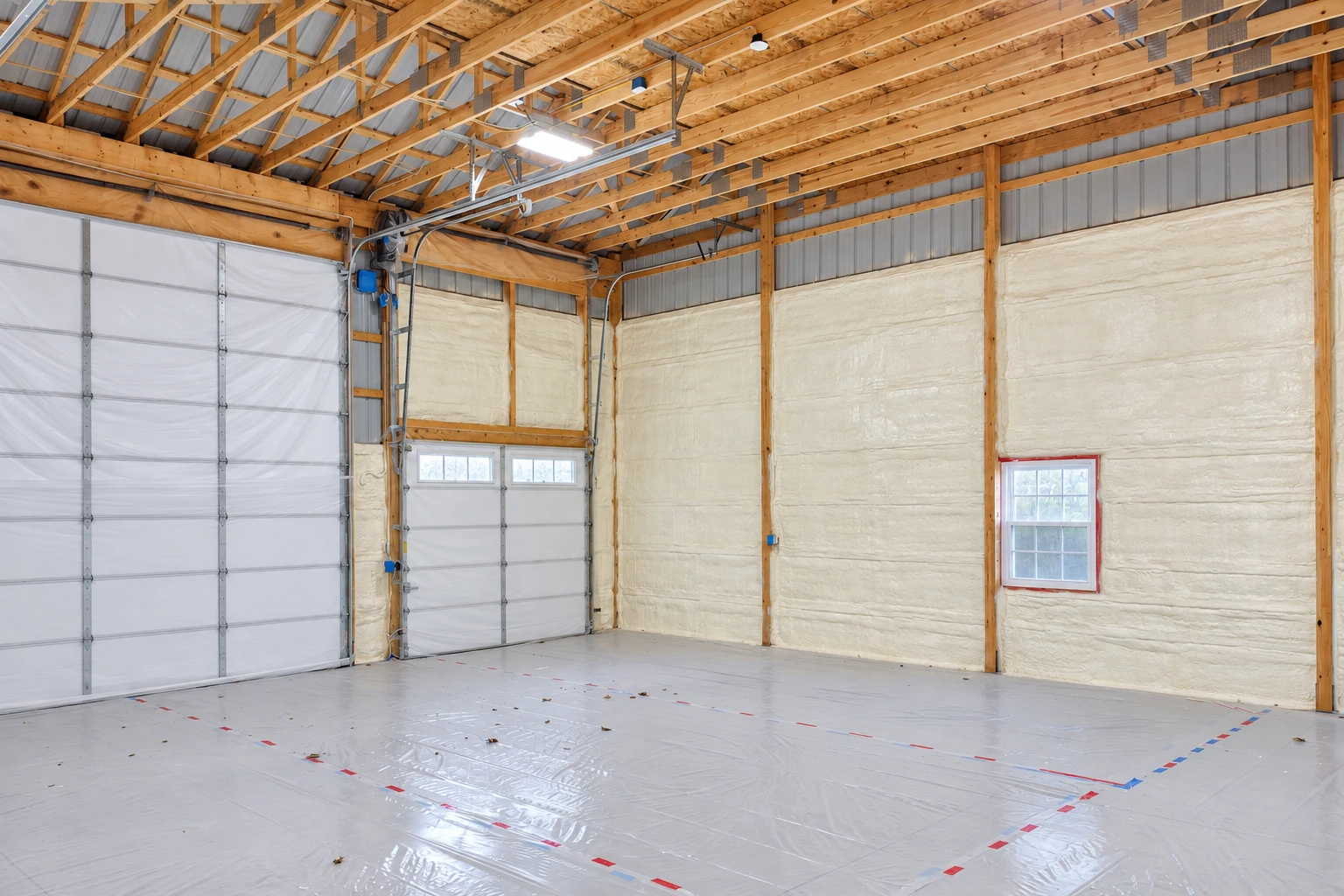Large commercial interior with white foam insulation on the walls, exposed wooden roof trusses, and a plastic-covered floor.