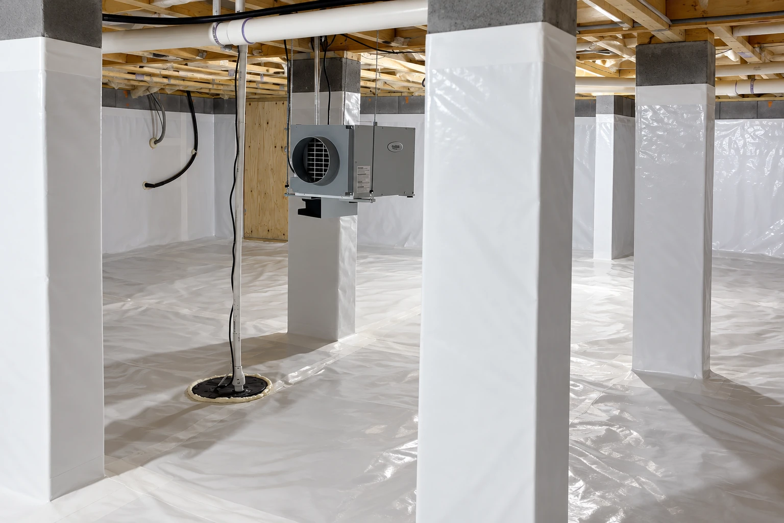 Crawl space with a white vapor barrier covering the floor and support columns, with a dehumidifier suspended among exposed joists.