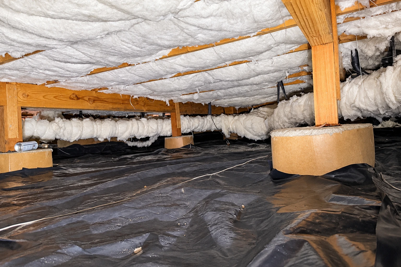 White insulation lines the ceiling and pipes of a crawl space above a black plastic vapor barrier.
