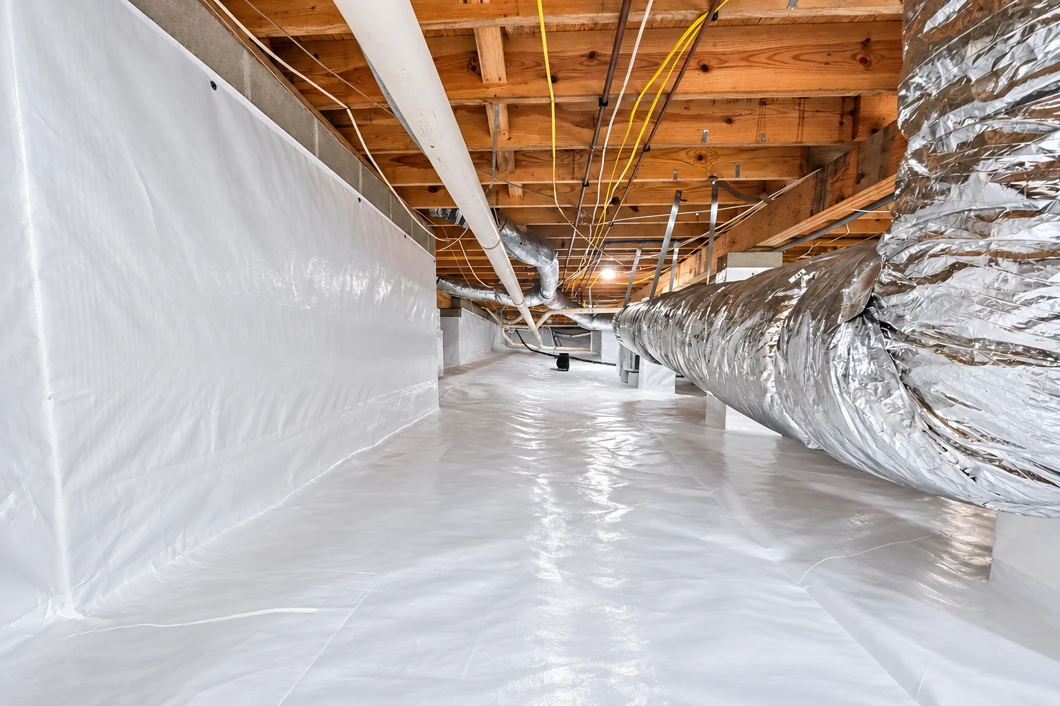A crawl space is lined with white vapor barrier across the floor and walls, beside a large silver duct.