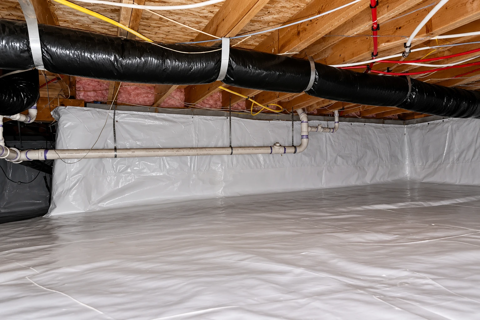 Crawl space lined with a white vapor barrier on the floor and walls, beneath black ducts, pipes, and exposed wooden joists.