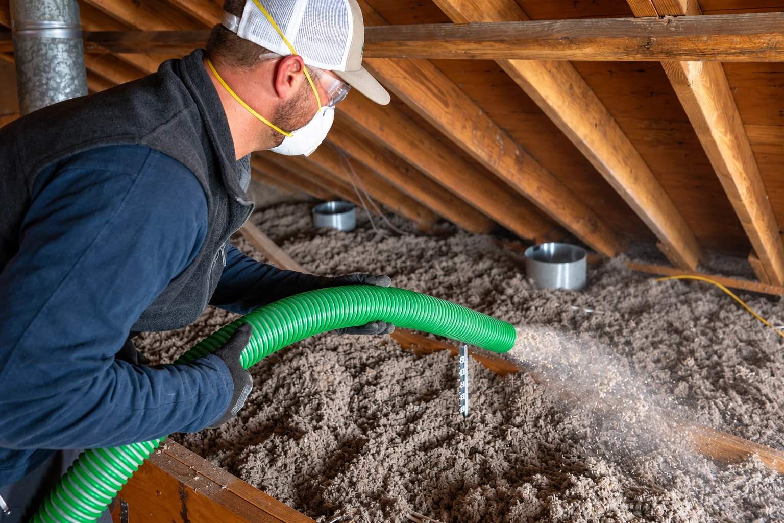 A masked worker directs a green hose to spread loose-fill insulation across an attic floor.
