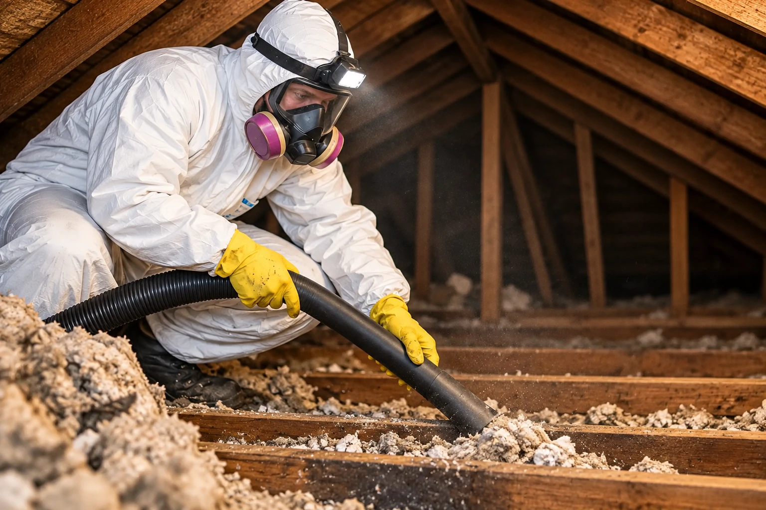 A worker in protective gear uses a black vacuum hose to remove loose insulation from an attic.