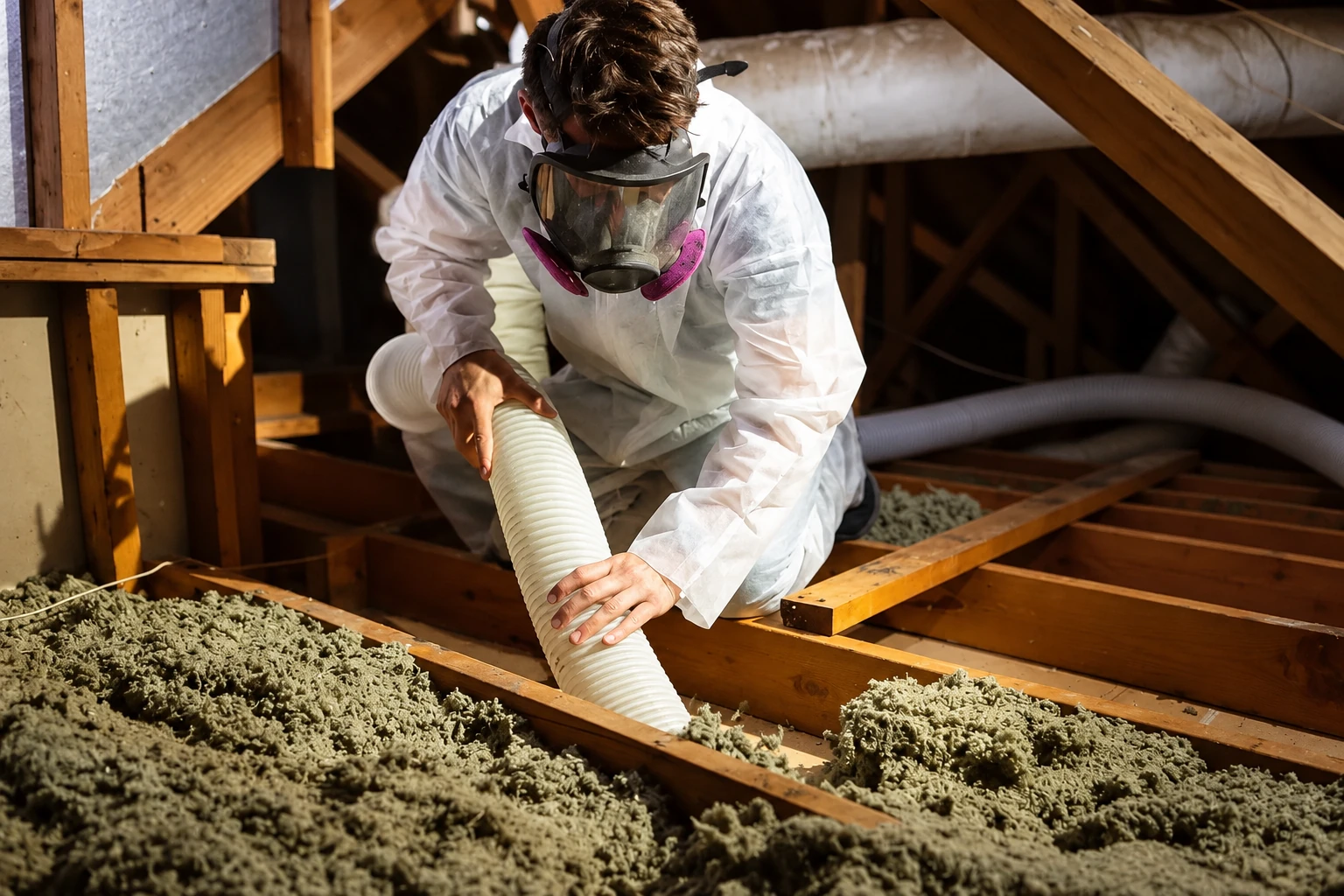 A worker in protective coveralls and a respirator guides a white hose through loose insulation in an attic.