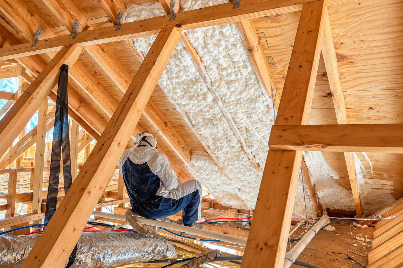 A worker sprays open-cell foam insulation between exposed wooden roof rafters in an unfinished attic.
