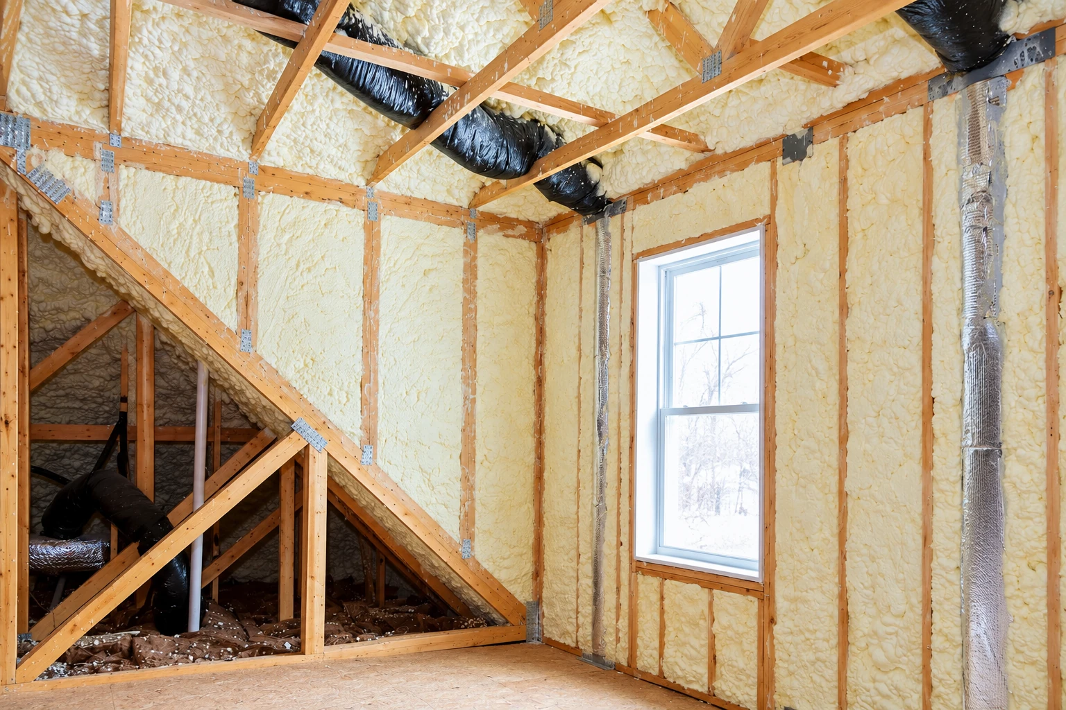 An unfinished attic with exposed wooden framing and pale spray foam covering the walls and roof.