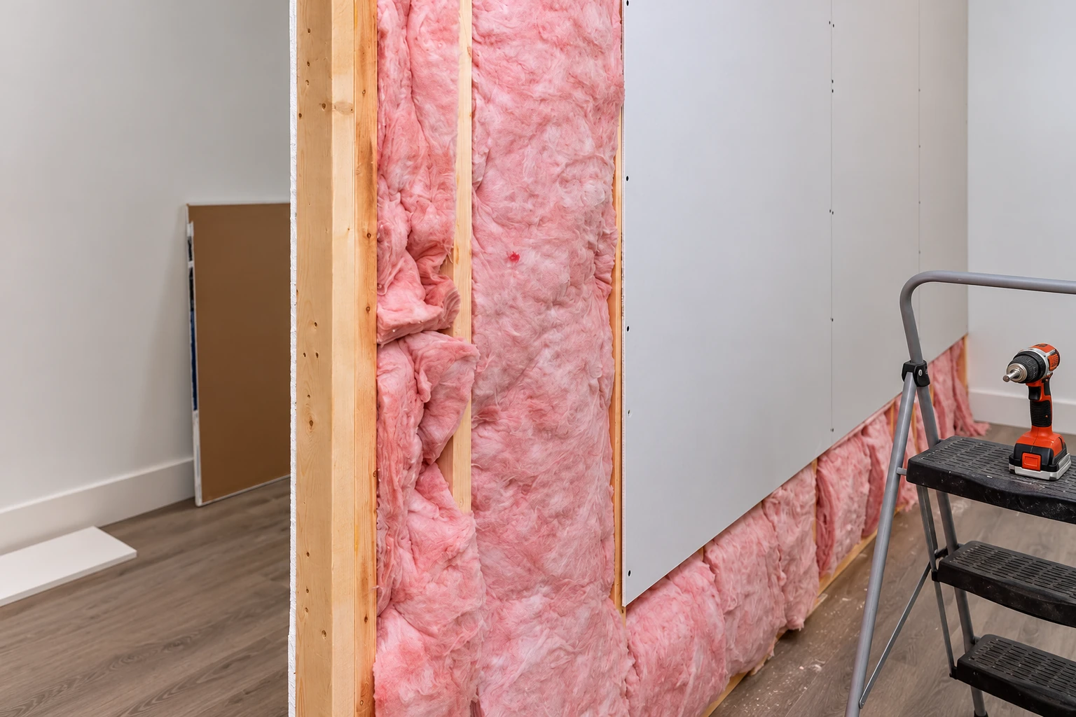Pink batt insulation fills exposed wall framing beside installed drywall and a step ladder with a drill.