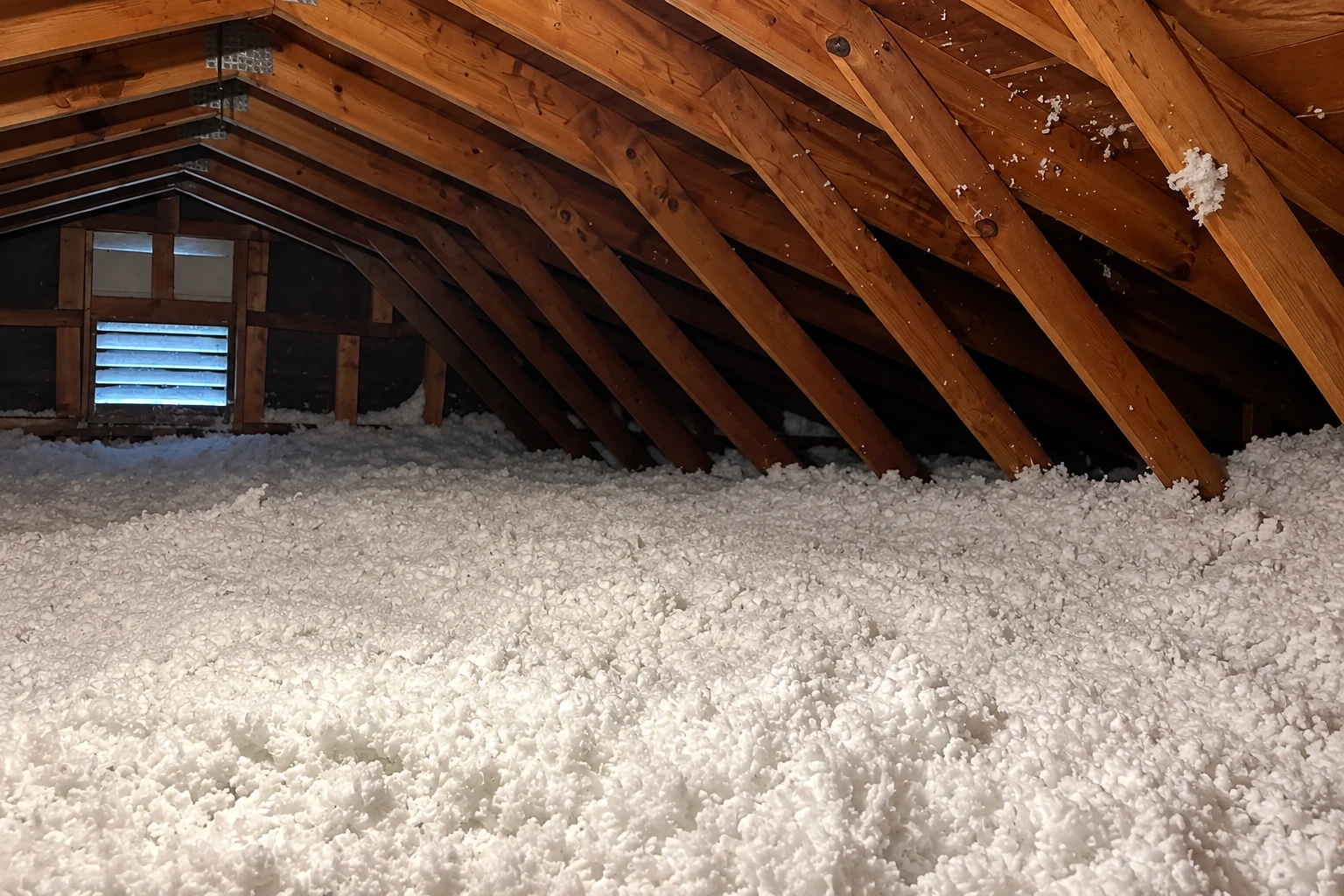 Loose white blown-in insulation covers an attic floor beneath exposed wooden roof trusses.