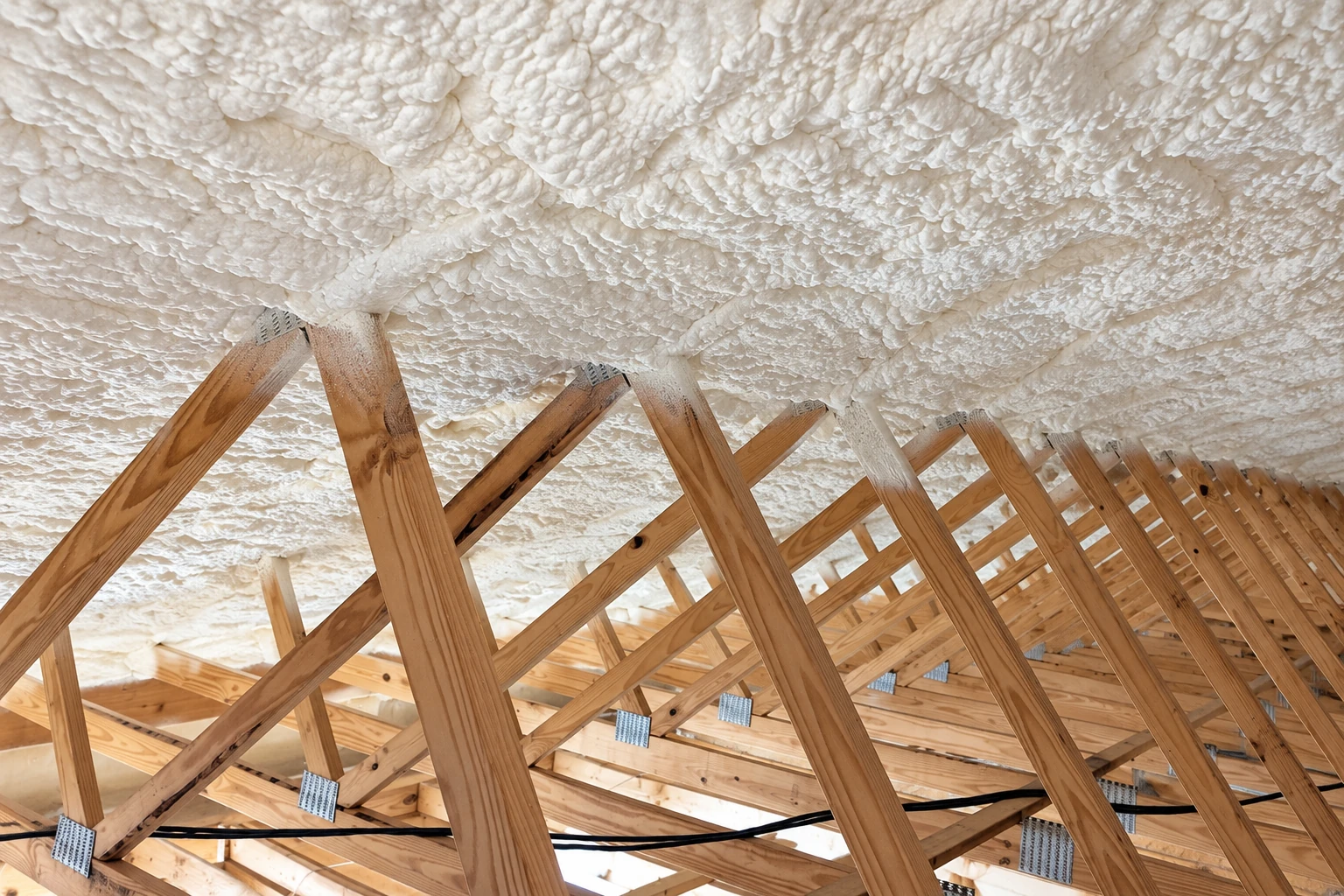 Spray foam insulation coats the underside of a roof above exposed wooden trusses.