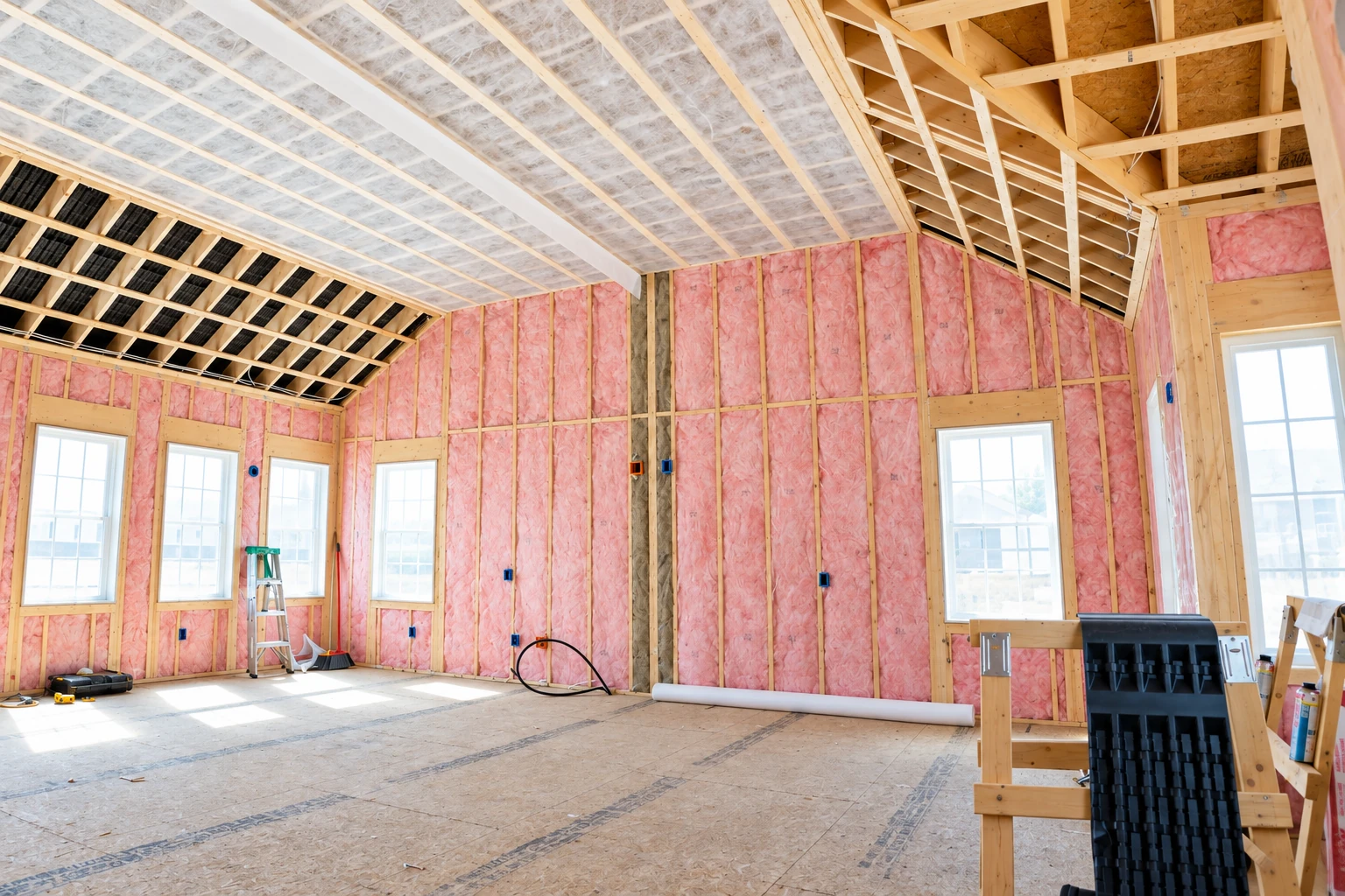 Pink batt insulation fills the walls beneath a white vapor barrier covering part of the ceiling in an unfinished room.