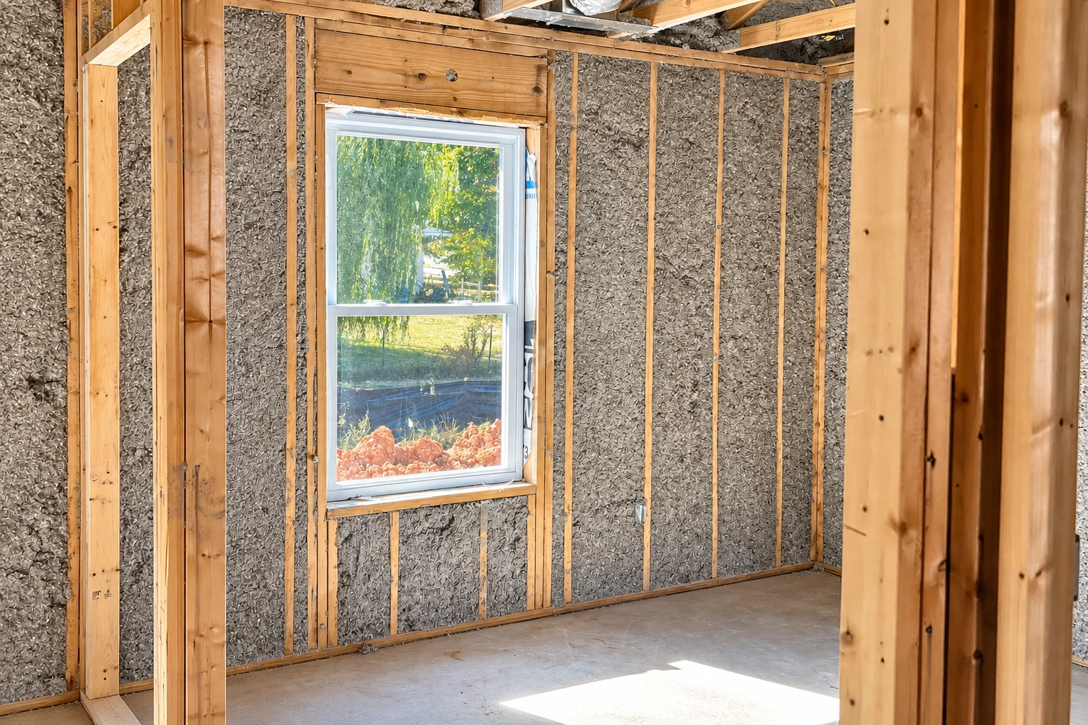 Unfinished framed wall filled with gray insulation around a window, with exposed wooden studs and a concrete floor.